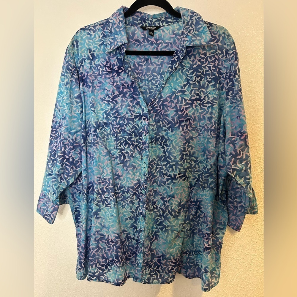 Krazy Kat Blue and Purple Leaf Print Button Down Shirt Size 2X